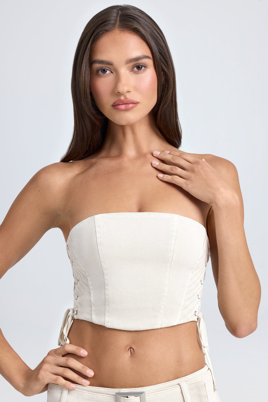 Chic Bandeau Lace-Up Corset Crop Top in Ecru
