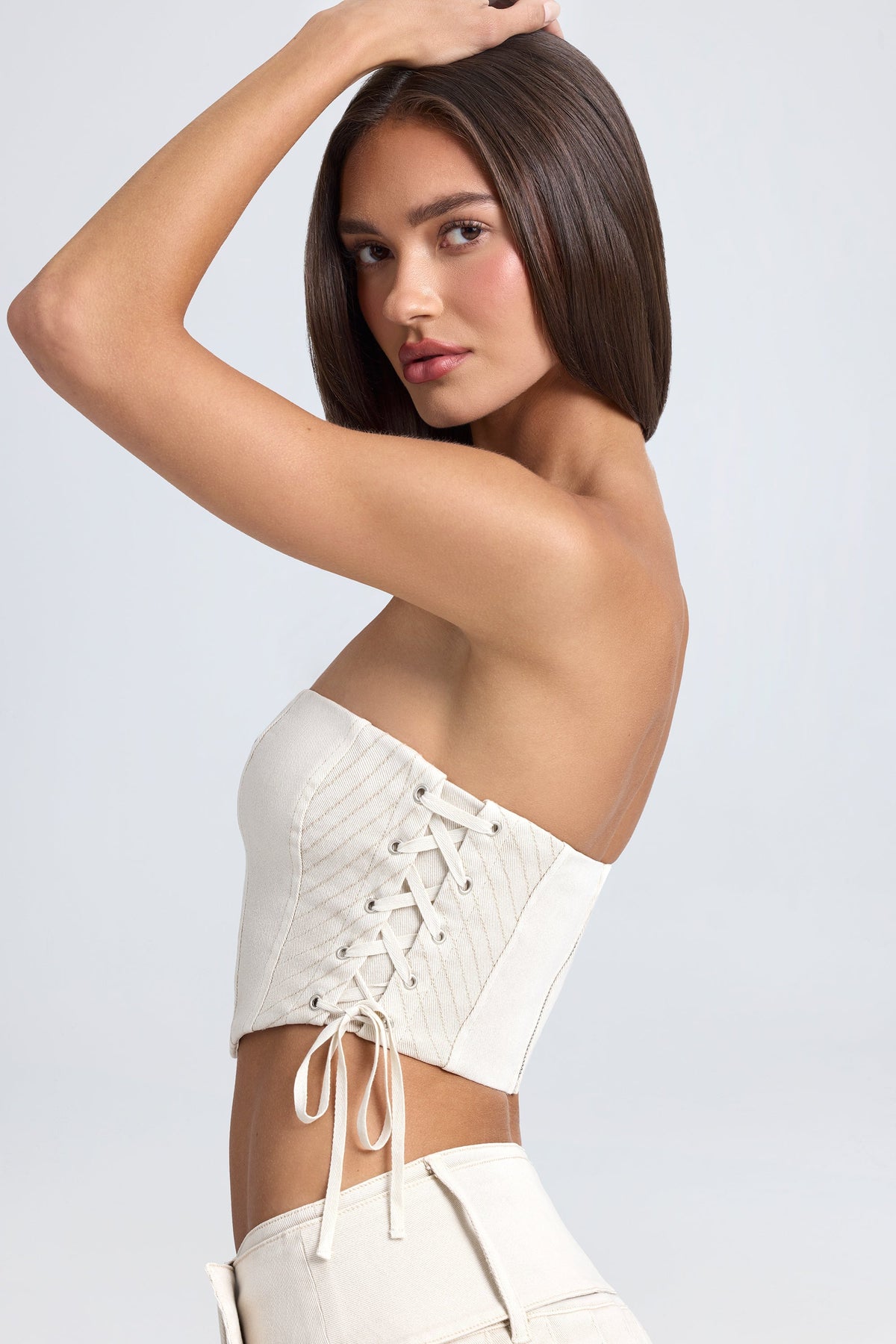 Chic Bandeau Lace-Up Corset Crop Top in Ecru
