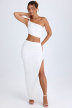 Chic Ruched Asymmetric-Waist Maxi Skirt in White