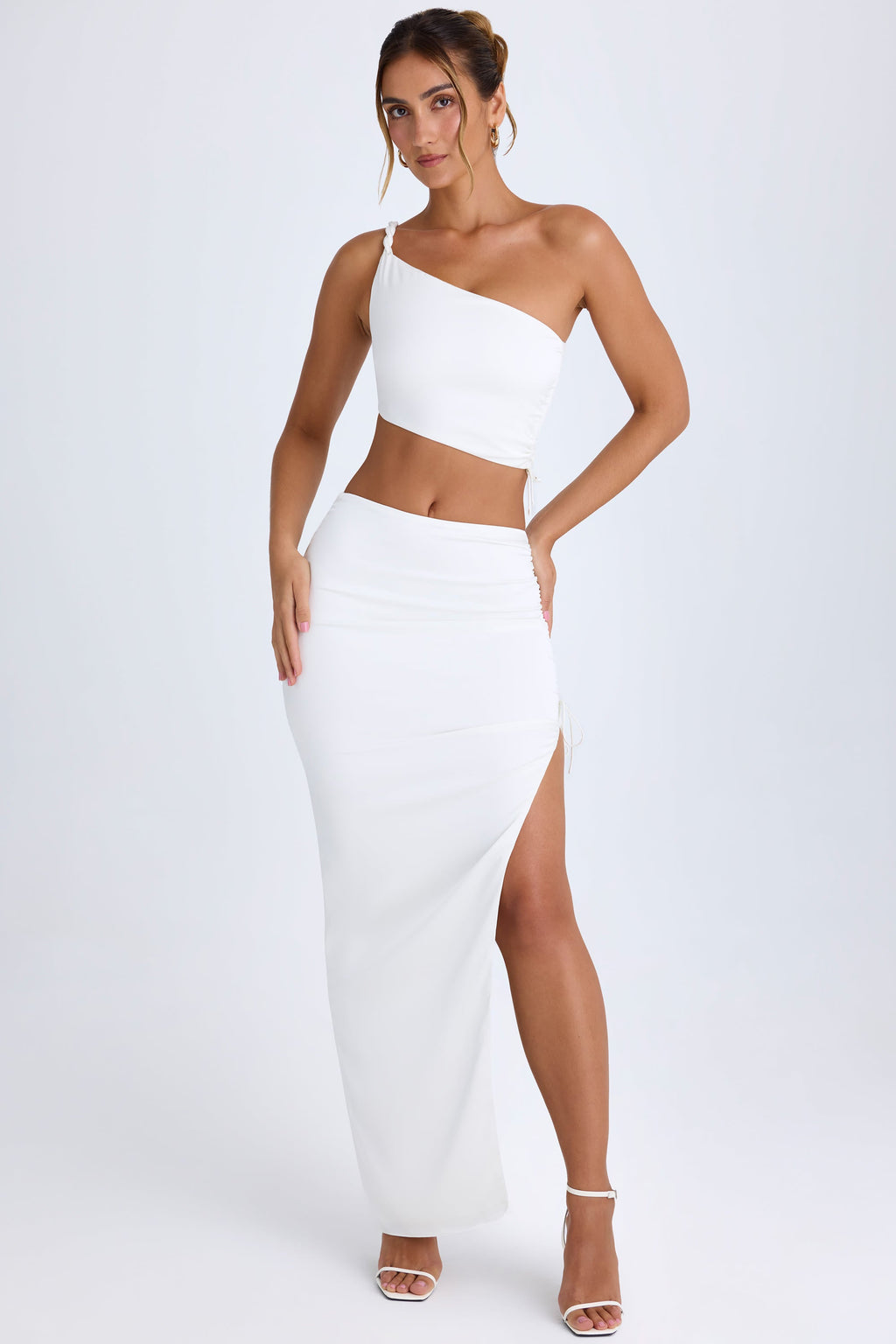 Chic Ruched Asymmetric-Waist Maxi Skirt in White