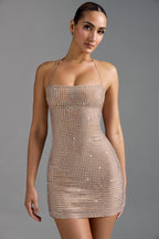 Chic Embellished Halterneck A-Line Mini Dress in Almond