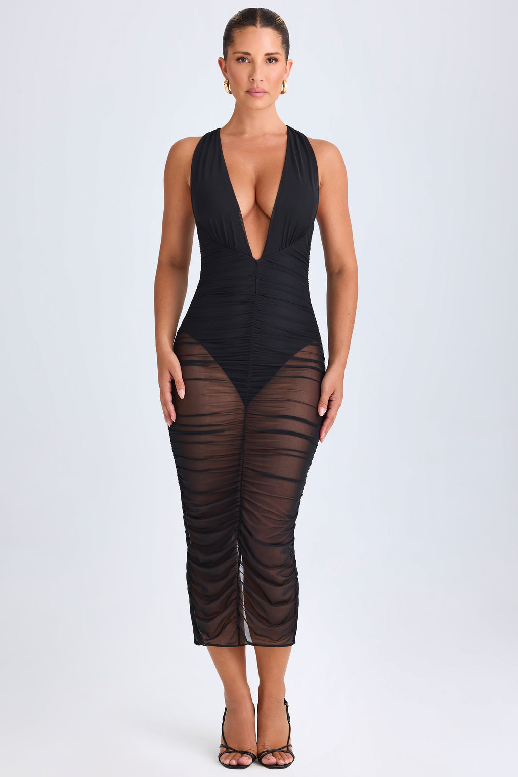 Chic Ruched Plunge Midaxi Dress in Black