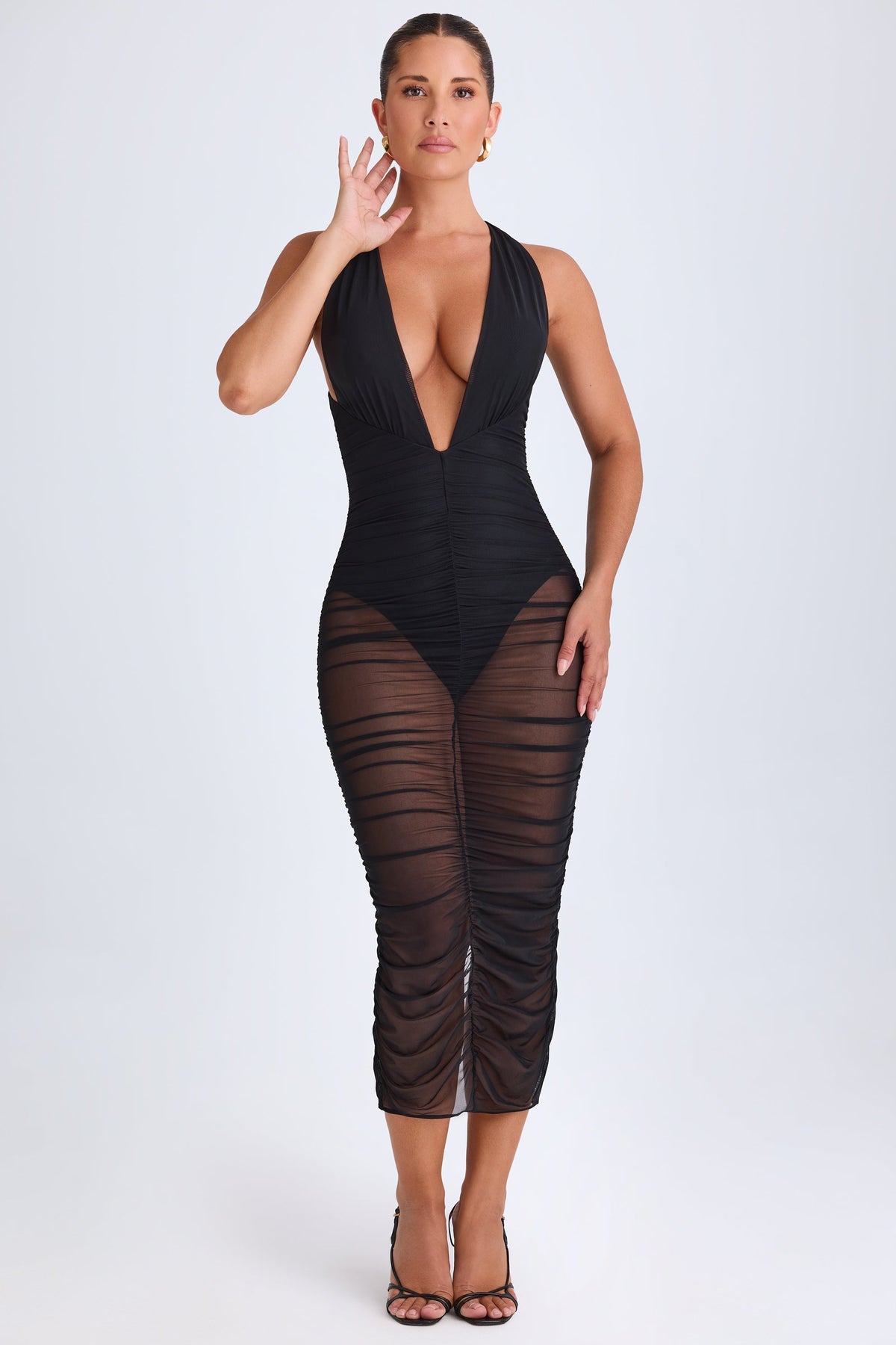 Chic Ruched Plunge Midaxi Dress in Black