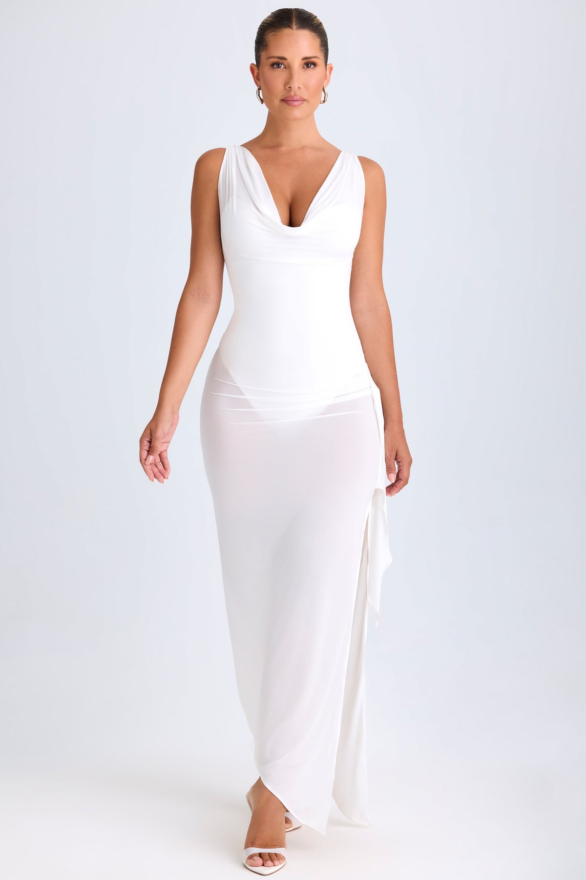Chic Ruffle-Trim Cowl-Neck Midaxi Dress in White