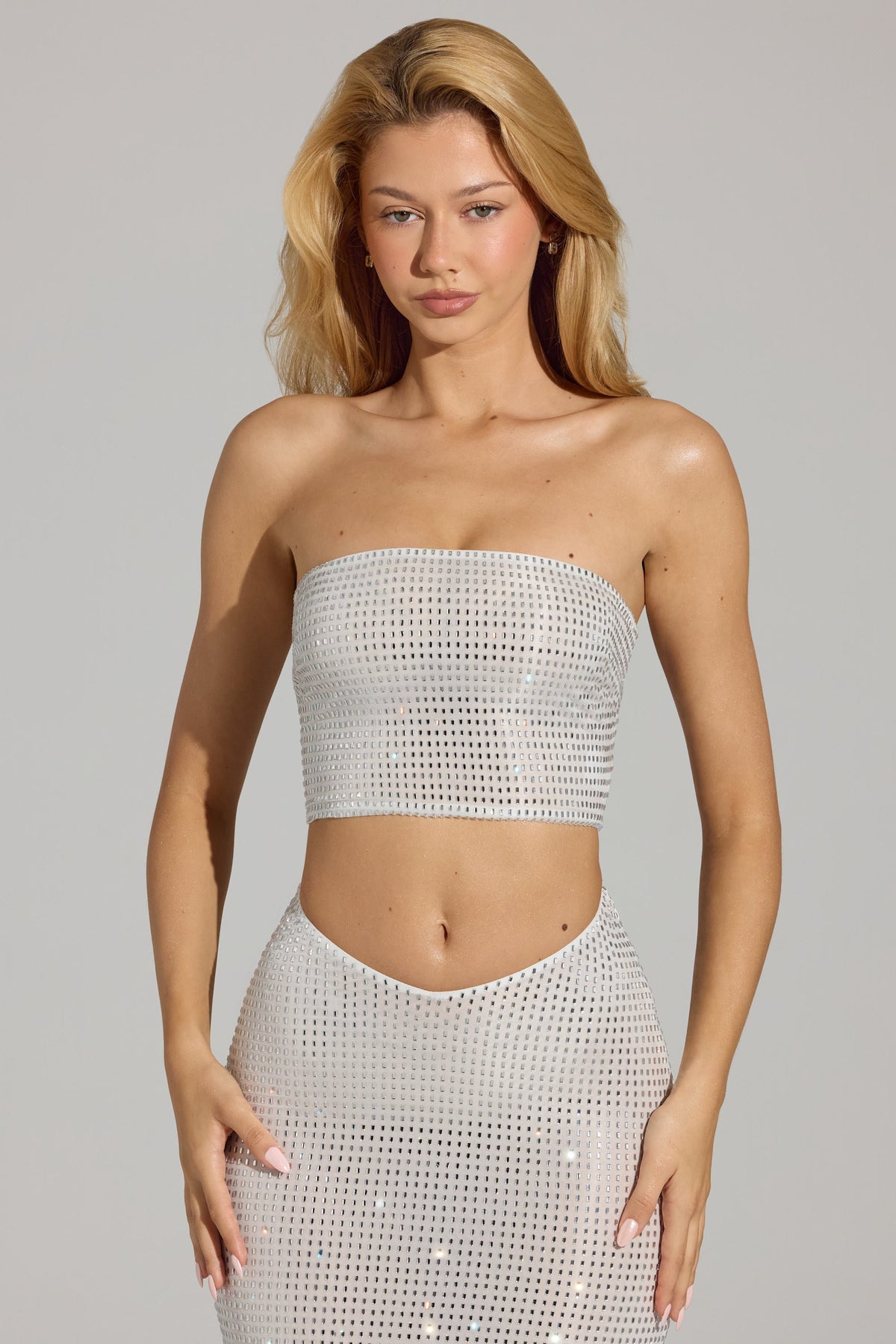 Chic Embellished Strap-Back Bandeau Top in White