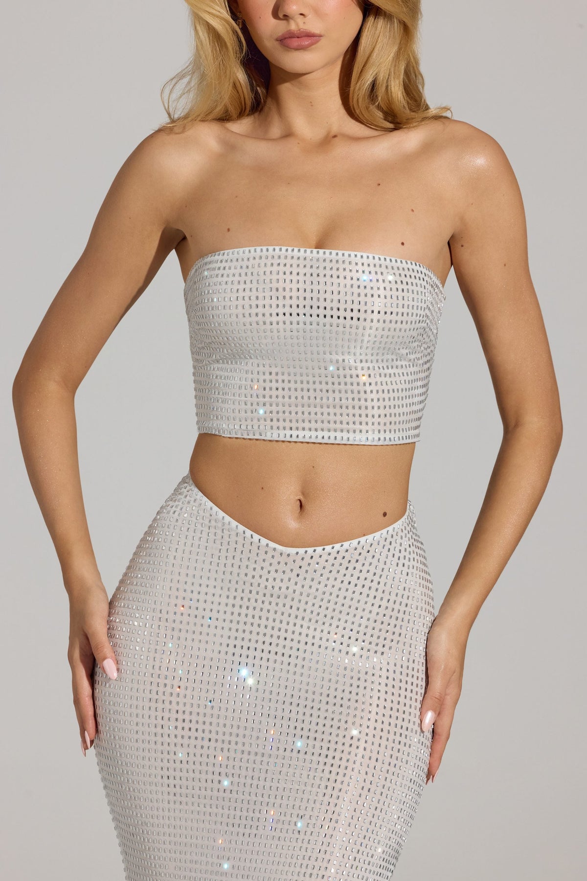 Chic Embellished Strap-Back Bandeau Top in White
