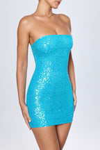 Chic Embellished Bandeau Mini Dress in Turquoise