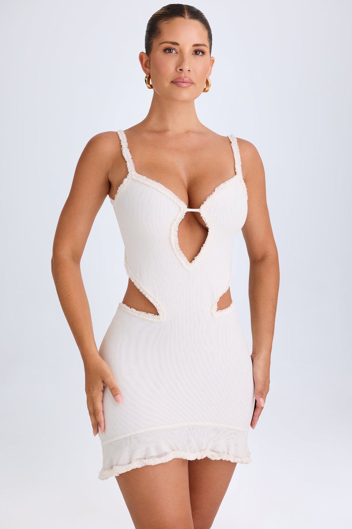 Chic Ruffle-Appliqué Cut-Out Mini Dress in White
