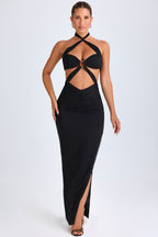Chic Hardware Detail Cut-Out Halterneck Maxi Dress in Black