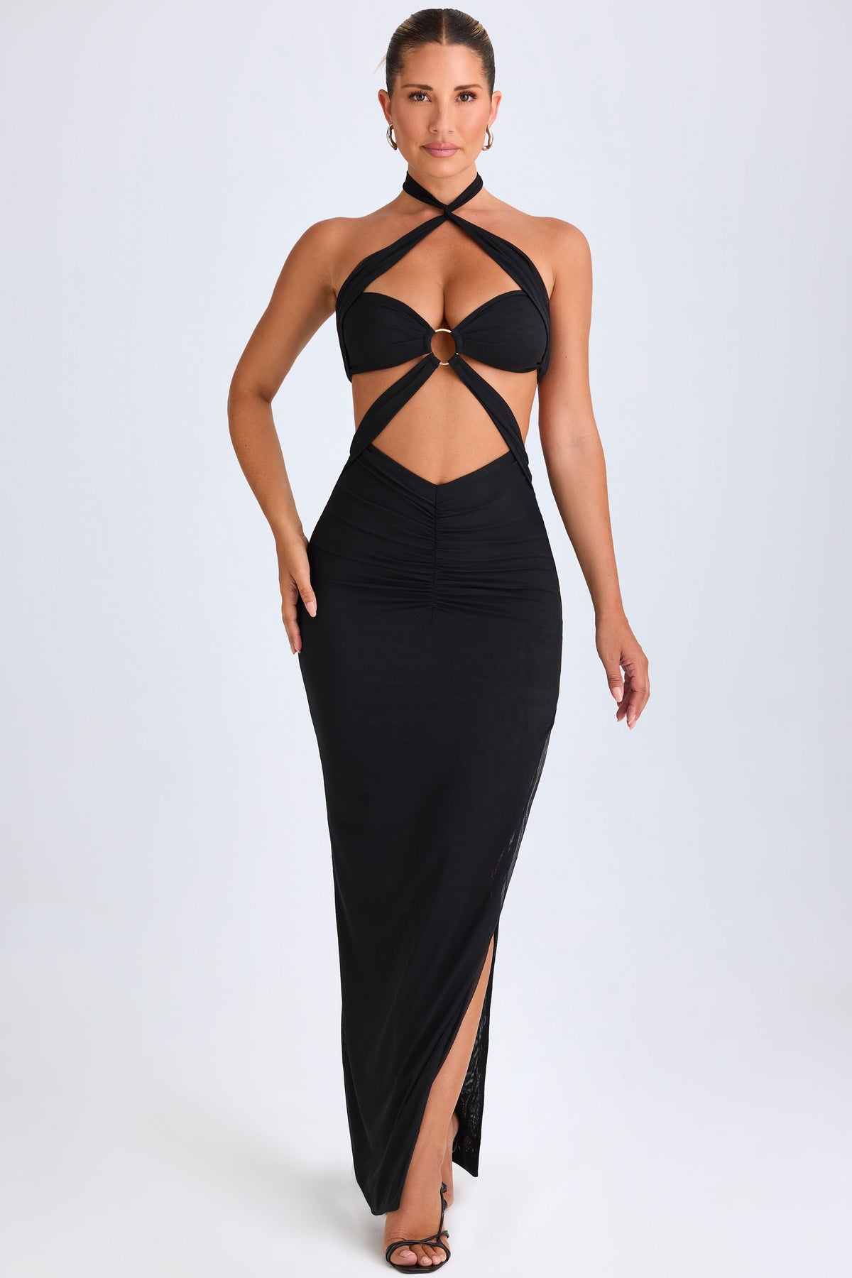 Chic Hardware Detail Cut-Out Halterneck Maxi Dress in Black