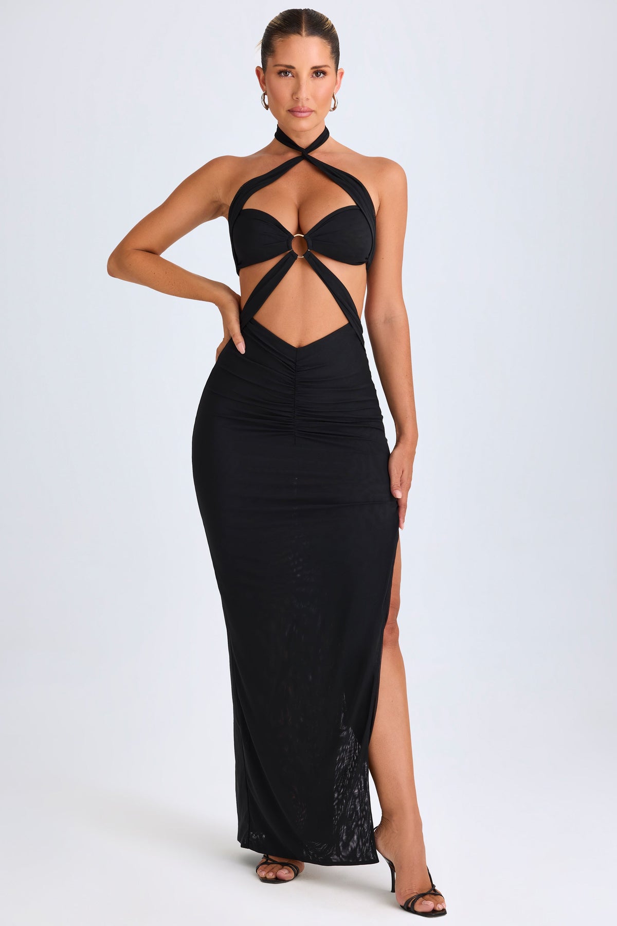 Chic Hardware Detail Cut-Out Halterneck Maxi Dress in Black