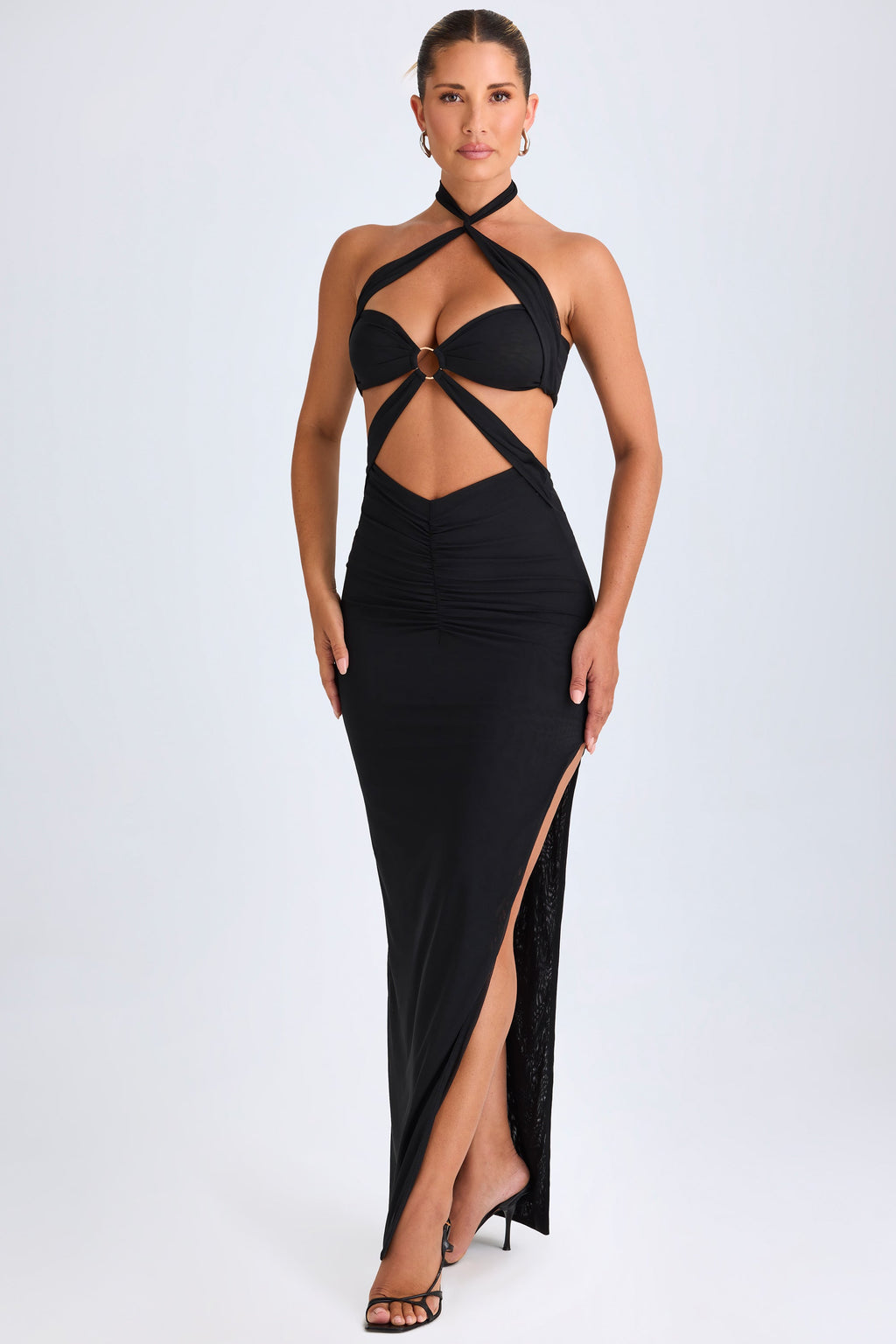 Chic Hardware Detail Cut-Out Halterneck Maxi Dress in Black