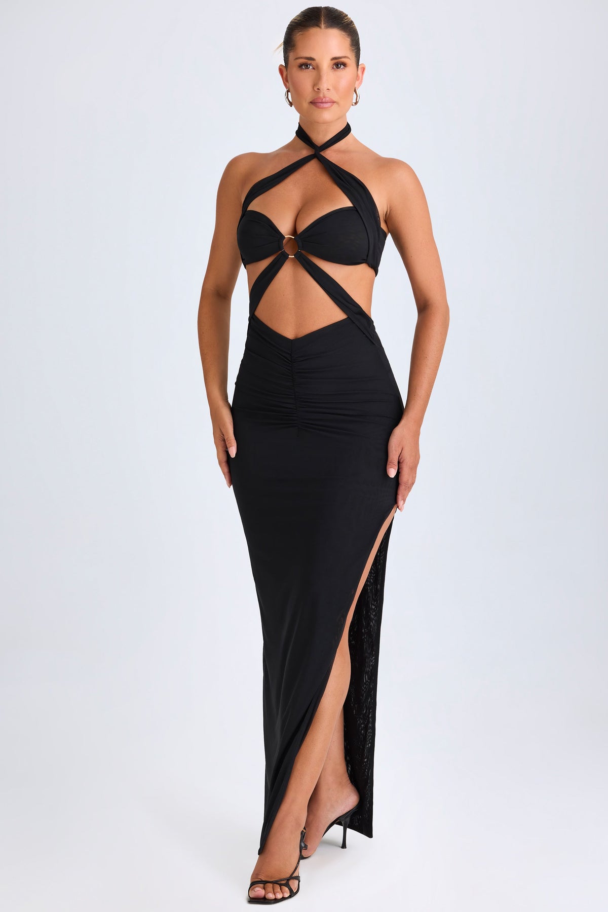 Chic Hardware Detail Cut-Out Halterneck Maxi Dress in Black