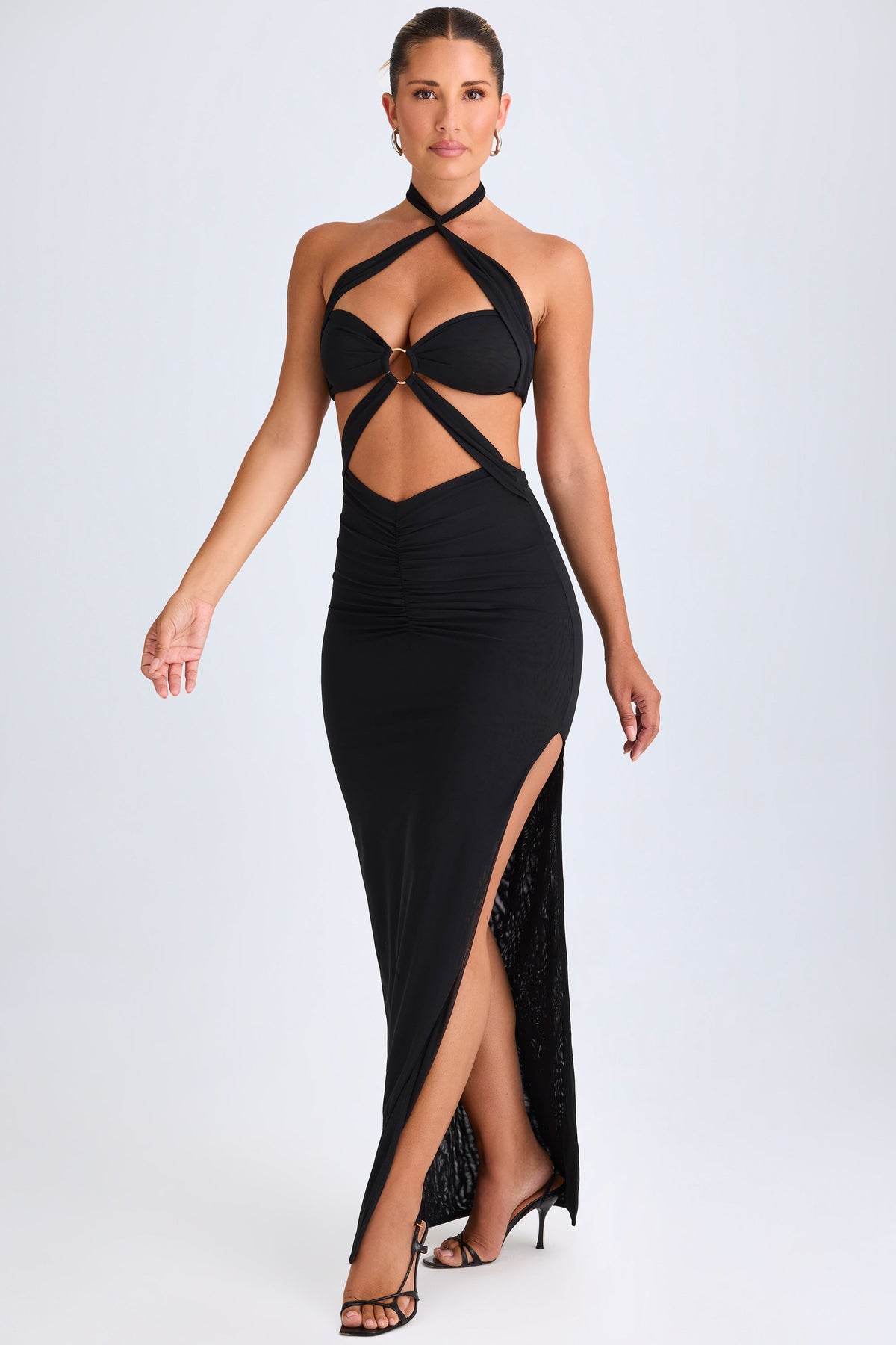 Chic Hardware Detail Cut-Out Halterneck Maxi Dress in Black
