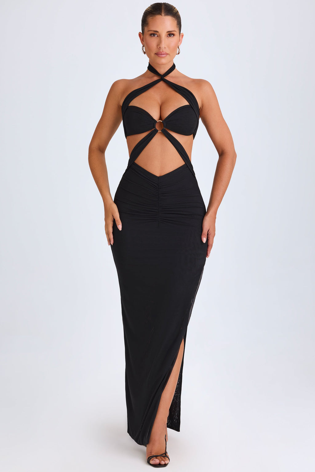 Chic Hardware Detail Cut-Out Halterneck Maxi Dress in Black