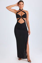 Chic Hardware Detail Cut-Out Halterneck Maxi Dress in Black