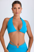 Chic Plunge Hardware-Detail Halterneck Crop Top in Aqua Blue