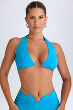 Chic Plunge Hardware-Detail Halterneck Crop Top in Aqua Blue