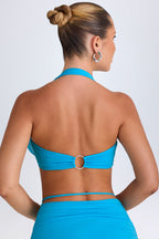 Chic Plunge Hardware-Detail Halterneck Crop Top in Aqua Blue