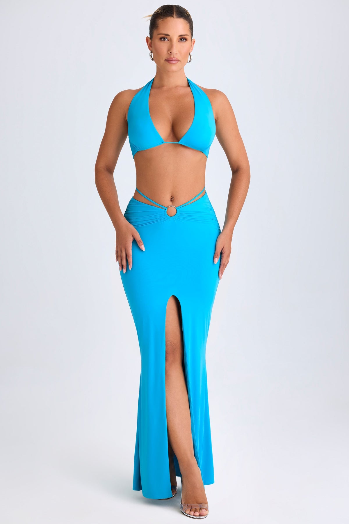 Chic Hardware-Detail Mid-Rise Maxi Skirt in Aqua Blue
