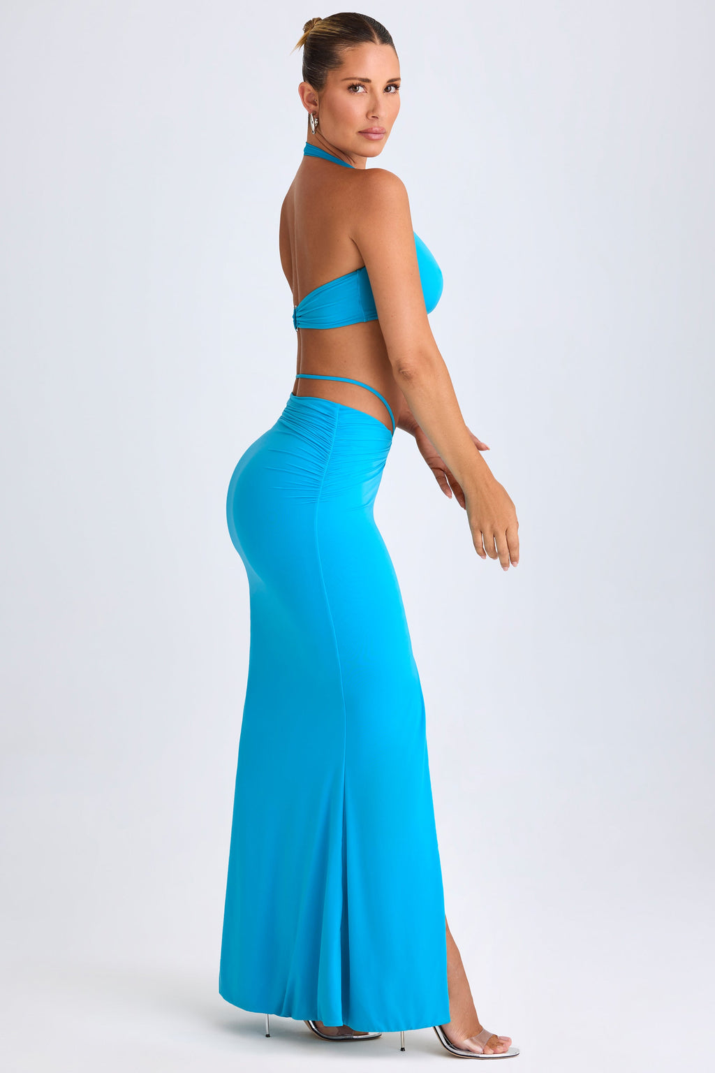 Chic Hardware-Detail Mid-Rise Maxi Skirt in Aqua Blue