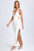 Chic Modal Lace-Trim Halterneck Maxi Dress in White