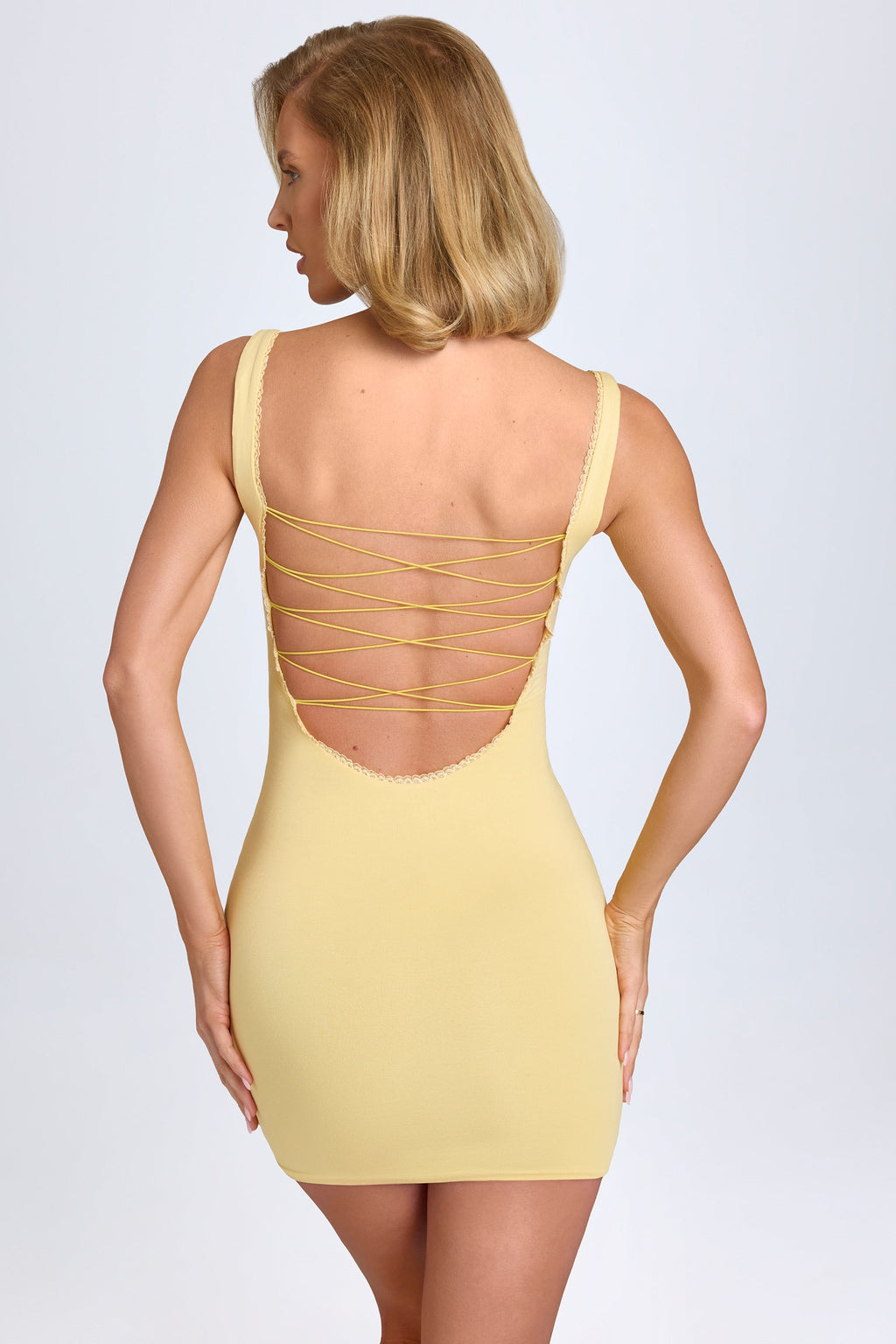 Chic Modal Lace-Trim Bodycon Mini Dress in Pastel Yellow