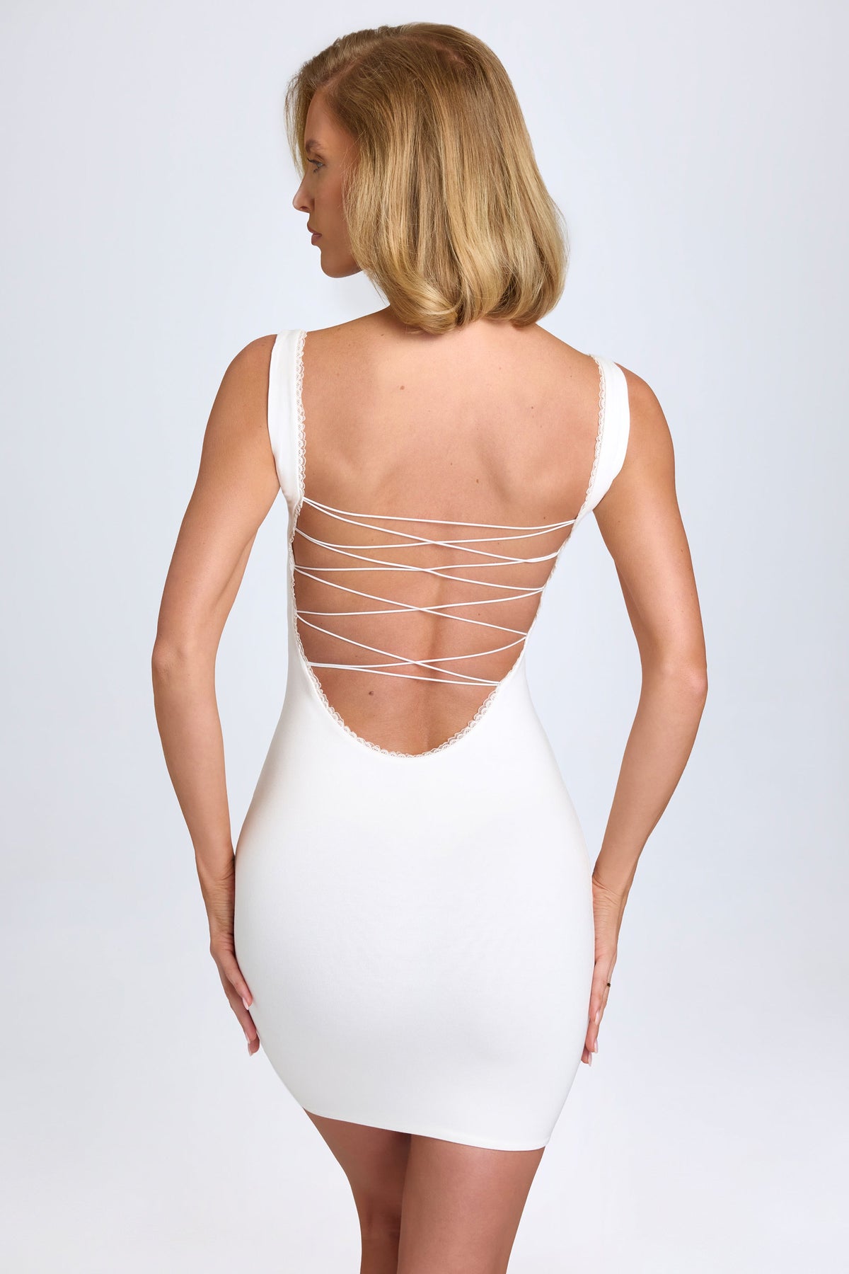 Chic Modal Lace-Trim Bodycon Mini Dress in White