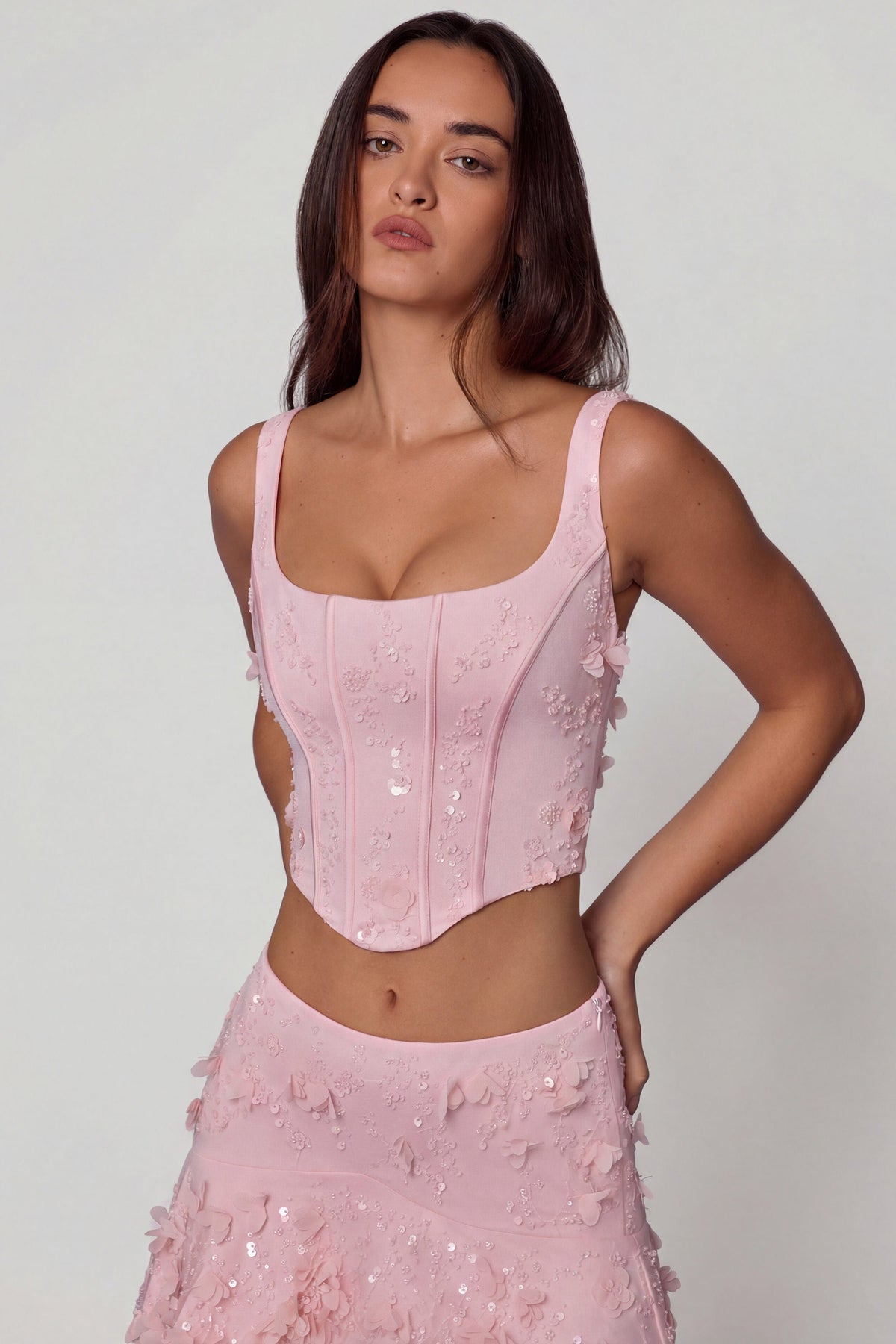 Chic Embellished Lace-Up Corset Top in Soft Pink