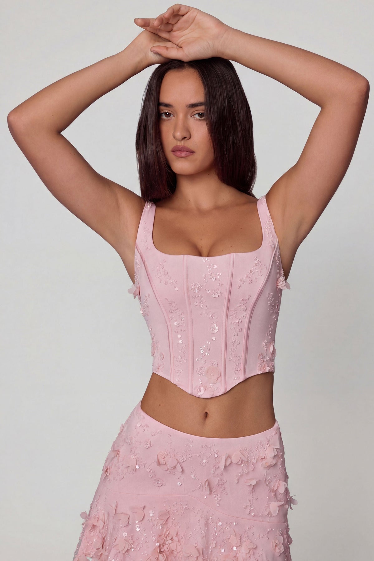 Chic Embellished Lace-Up Corset Top in Soft Pink