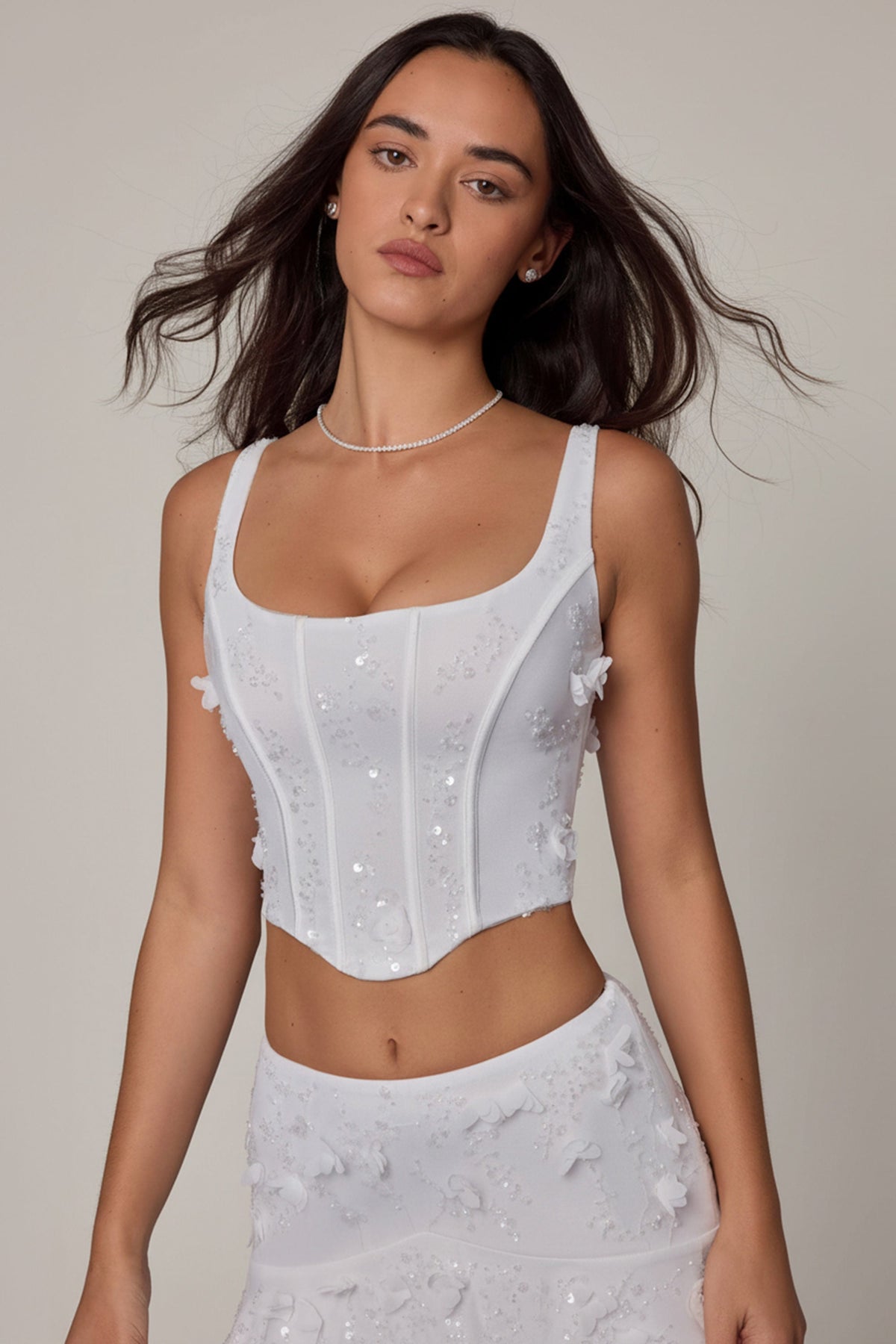 Chic Embellished Lace-Up Corset Top in White