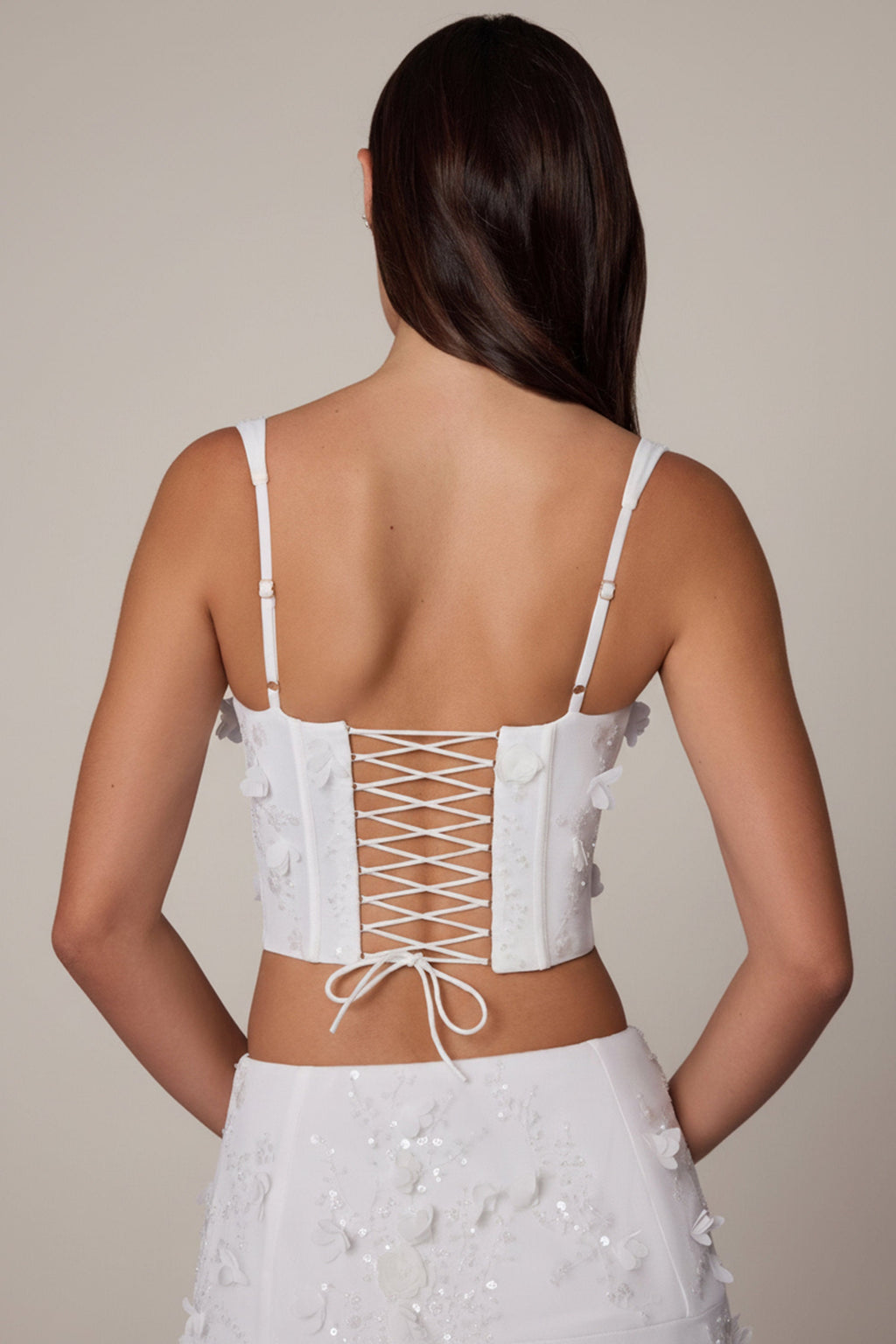 Chic Embellished Lace-Up Corset Top in White
