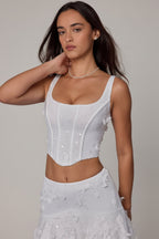 Chic Embellished Lace-Up Corset Top in White