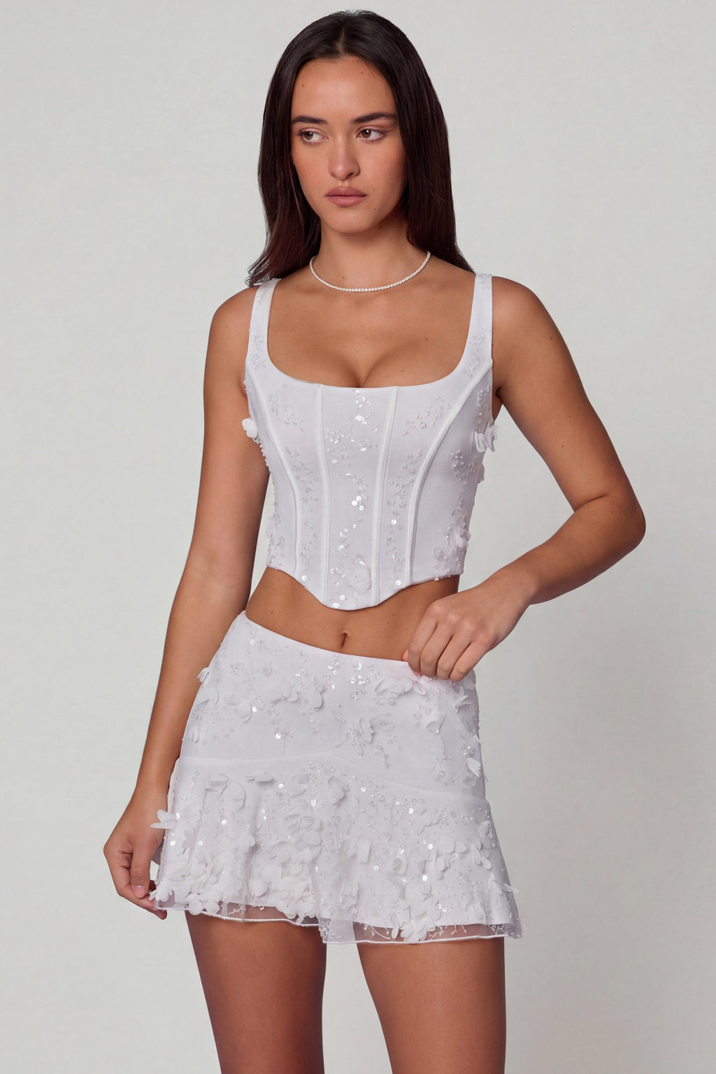 Chic Embellished Lace-Up Corset Top in White