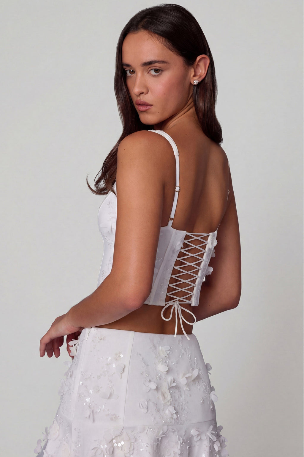 Chic Embellished Lace-Up Corset Top in White