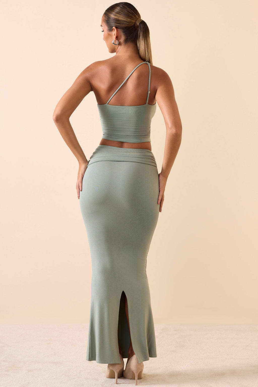 Chic Modal Twist-Front Maxi Skirt in Smoke Green