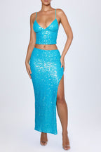Chic Embellished Low-Rise Maxi Skirt in Turquoise