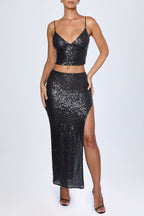 Chic Embellished Low-Rise Maxi Skirt in Black