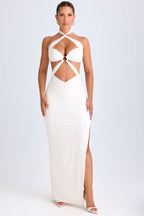 Chic Cut-Out Ruched Halterneck Maxi Dress in White