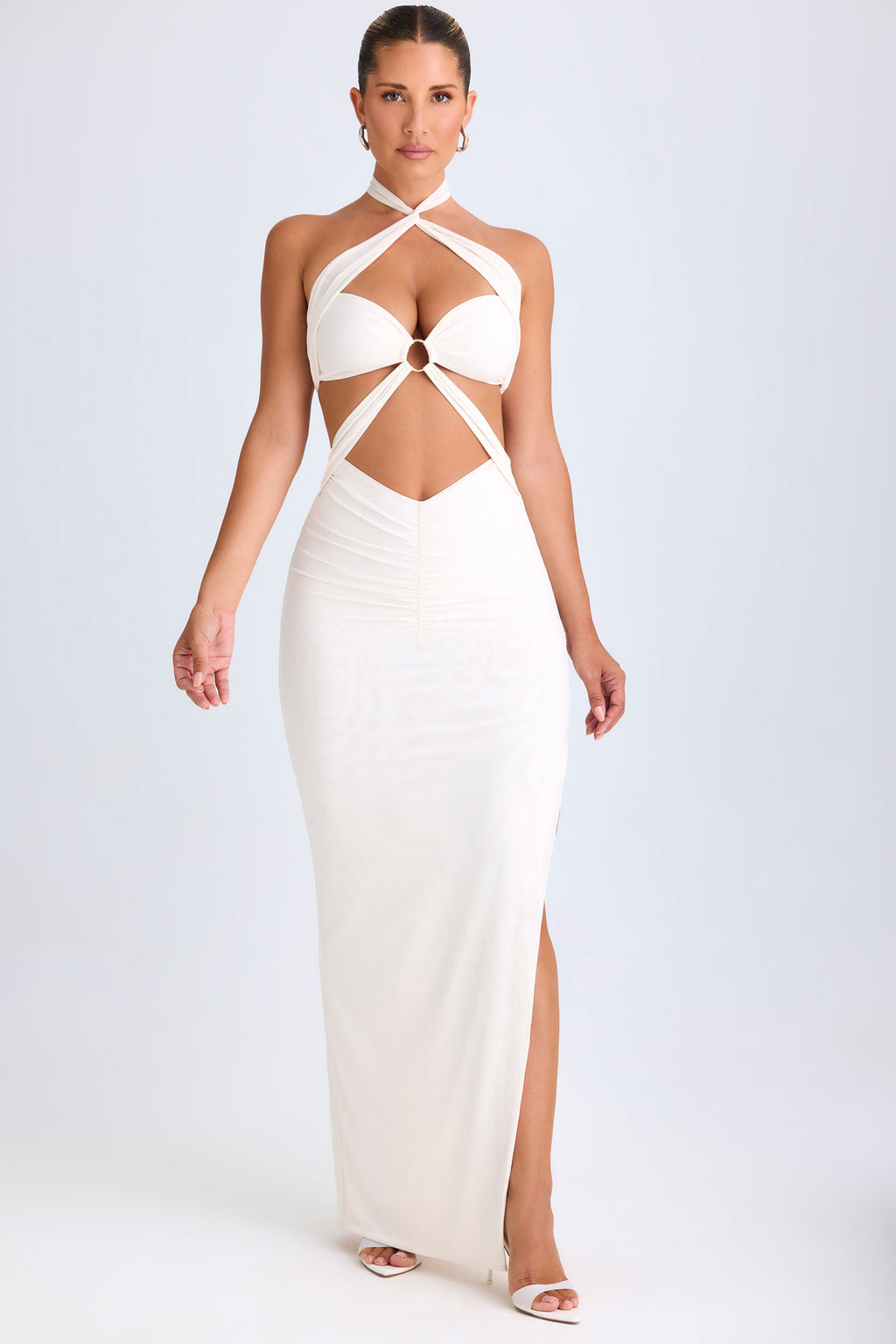 Chic Cut-Out Ruched Halterneck Maxi Dress in White