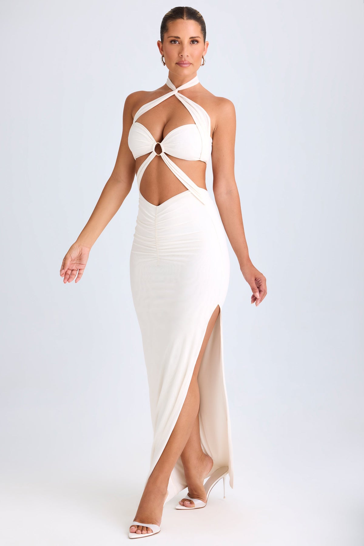 Chic Cut-Out Ruched Halterneck Maxi Dress in White