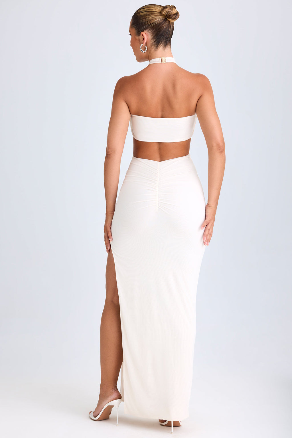 Chic Cut-Out Ruched Halterneck Maxi Dress in White