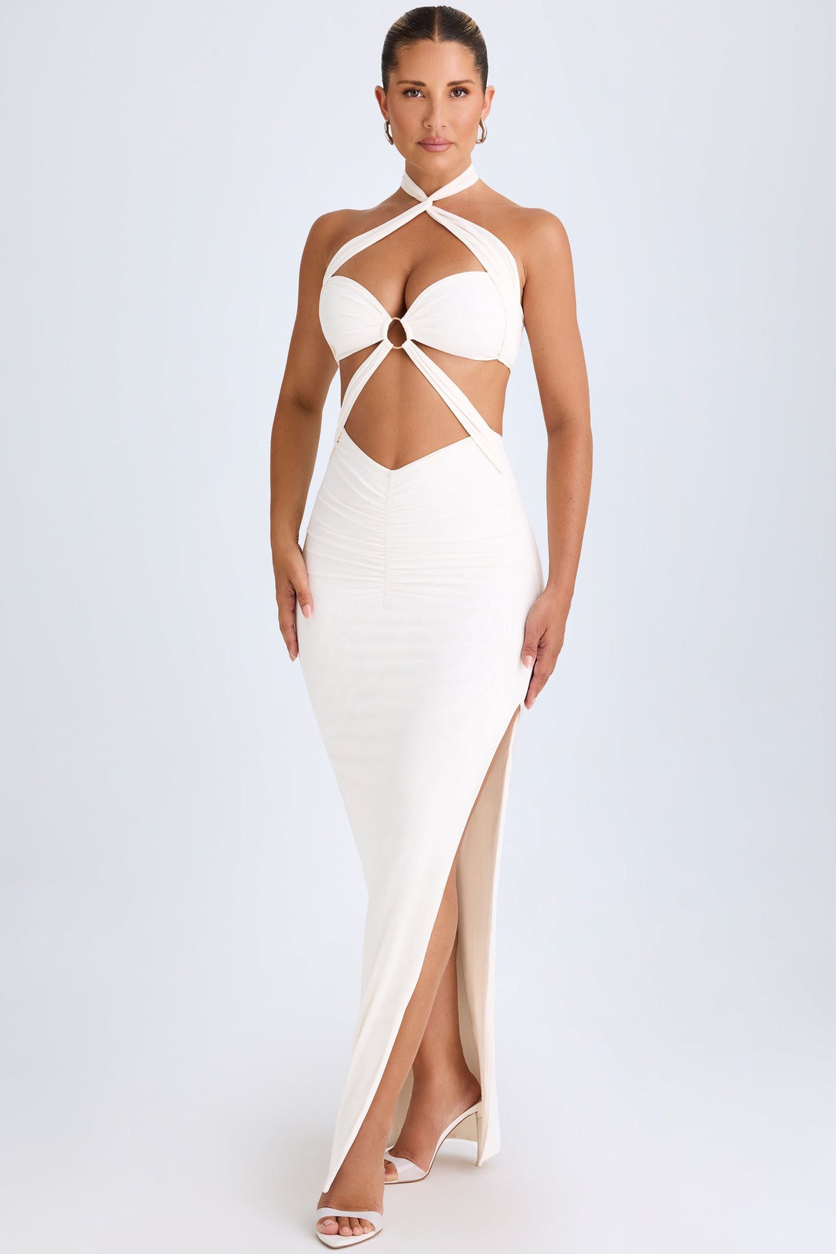 Chic Cut-Out Ruched Halterneck Maxi Dress in White