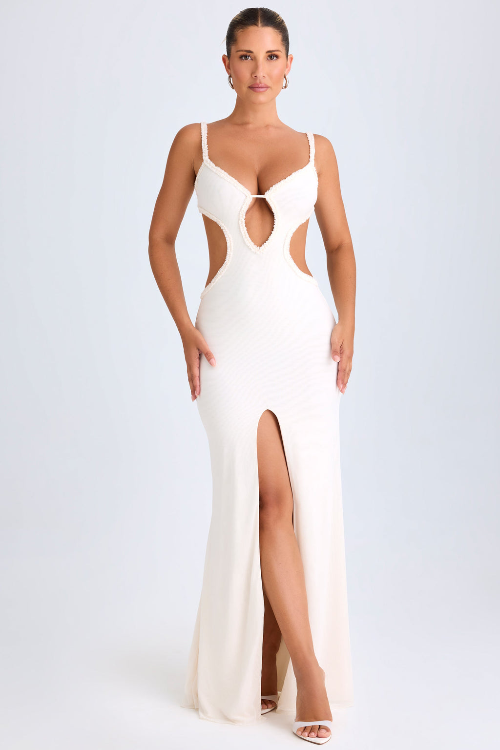 Chic Ruffle-Appliqué Cut-Out Maxi Dress in White