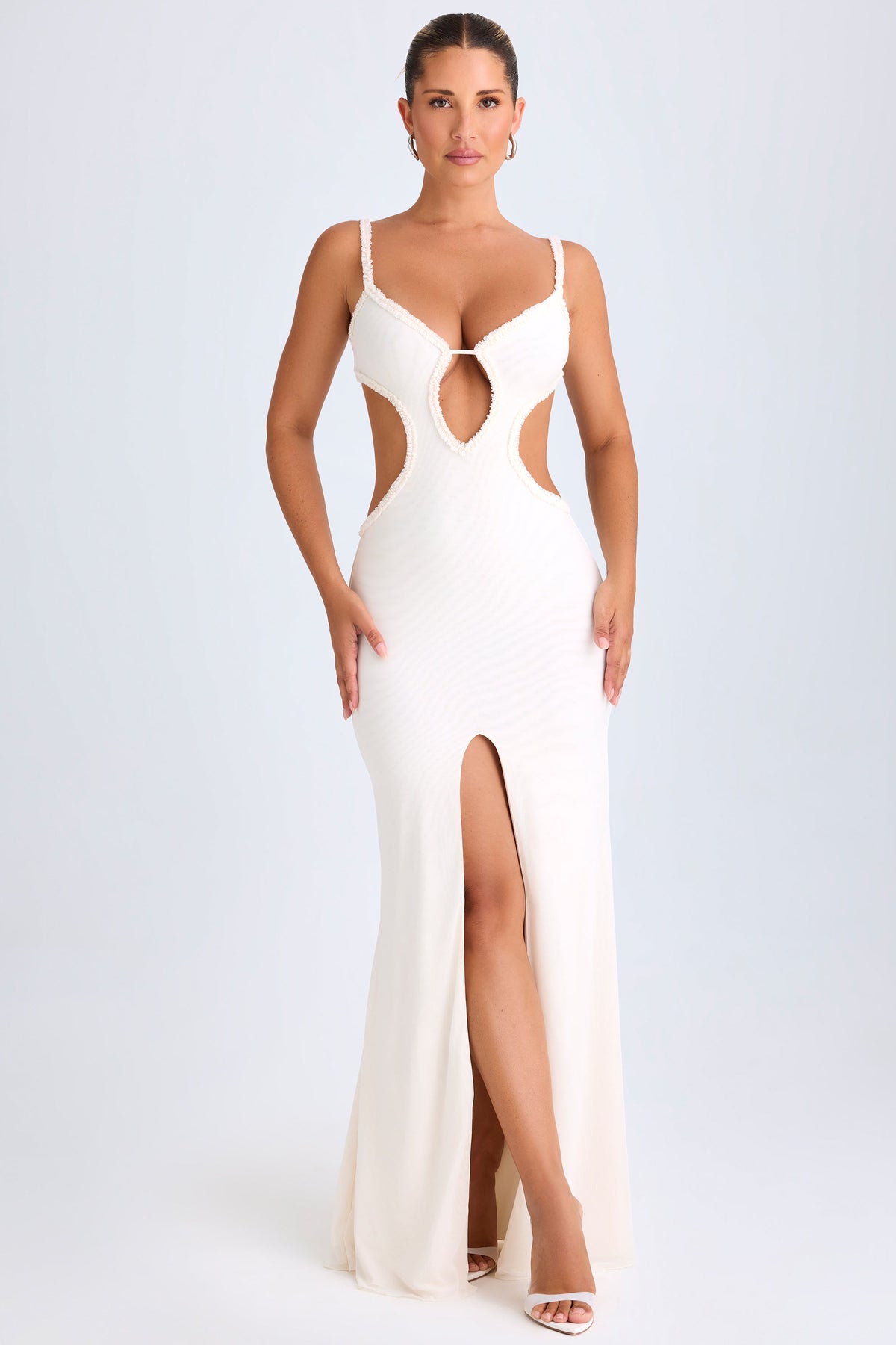 Chic Ruffle-Appliqué Cut-Out Maxi Dress in White