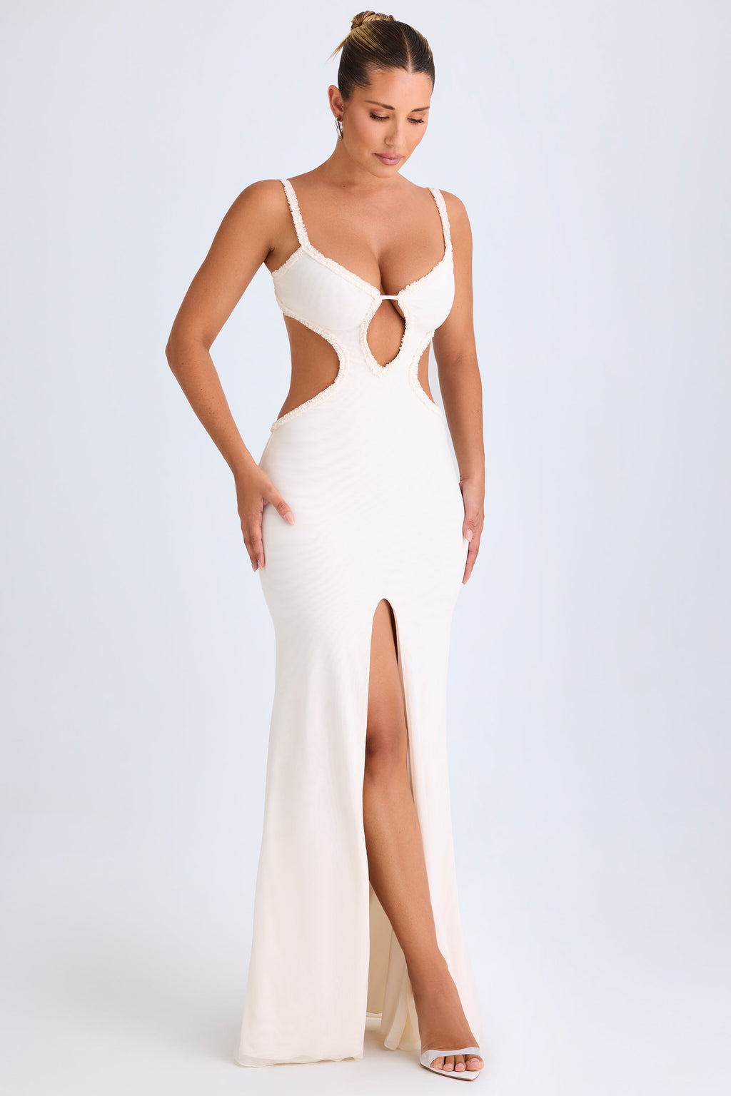 Chic Ruffle-Appliqué Cut-Out Maxi Dress in White