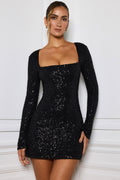 Chic Embellished A-Line Mini Dress in Black