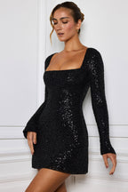 Chic Embellished A-Line Mini Dress in Black