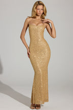 Chic Embellished Fishtail Maxi Dress in Gold