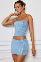 Chic Embellished Mid-Rise Micro Mini Skirt in Light Blue